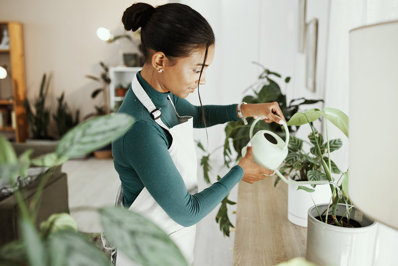 Woman watering plates in  in living room stock photo